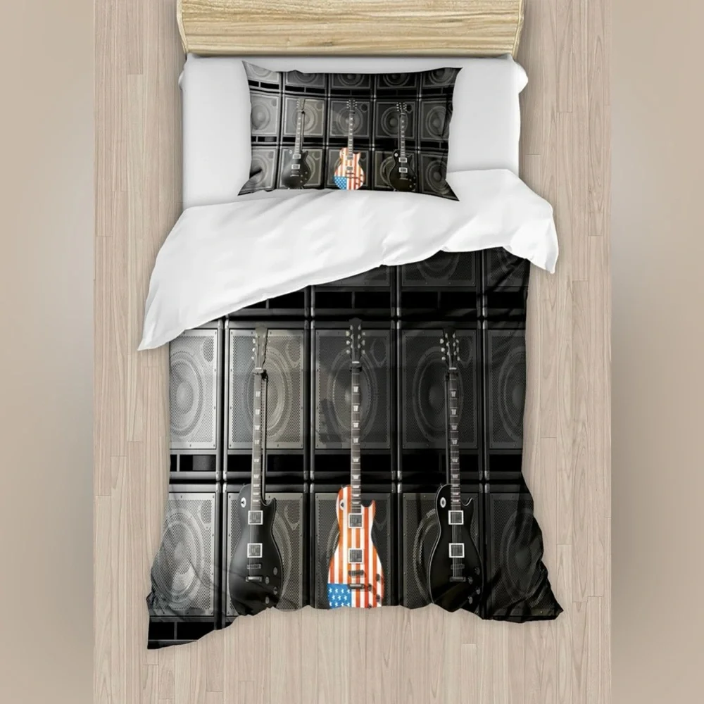 Ambesonne American Flag Guitar Queen Sized Duvet Cover Set